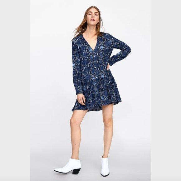 Zara Dresses & Skirts - SOLD Zara Blue Snake Print V Neck Button Front Dress S